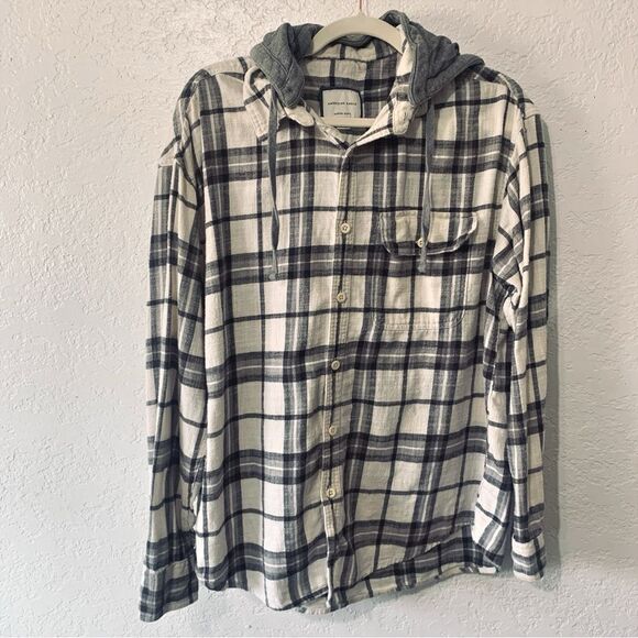 American Eagle Plaid Button Up Shirt with Removable Hoodie Sz L Super Soft - Picture 2 of 8